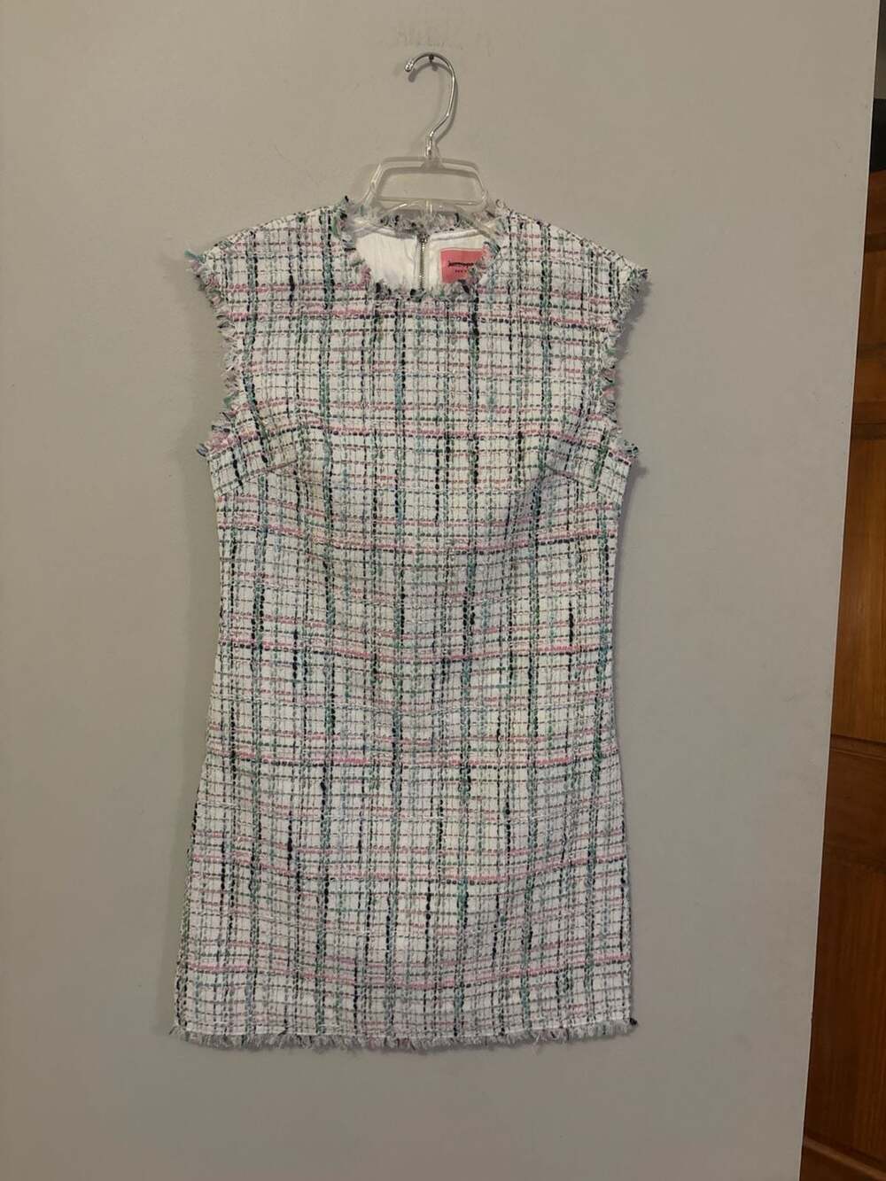 Kate Spade White Pastel Multicolour Tweed Fringed Sleeveless Shift Dress